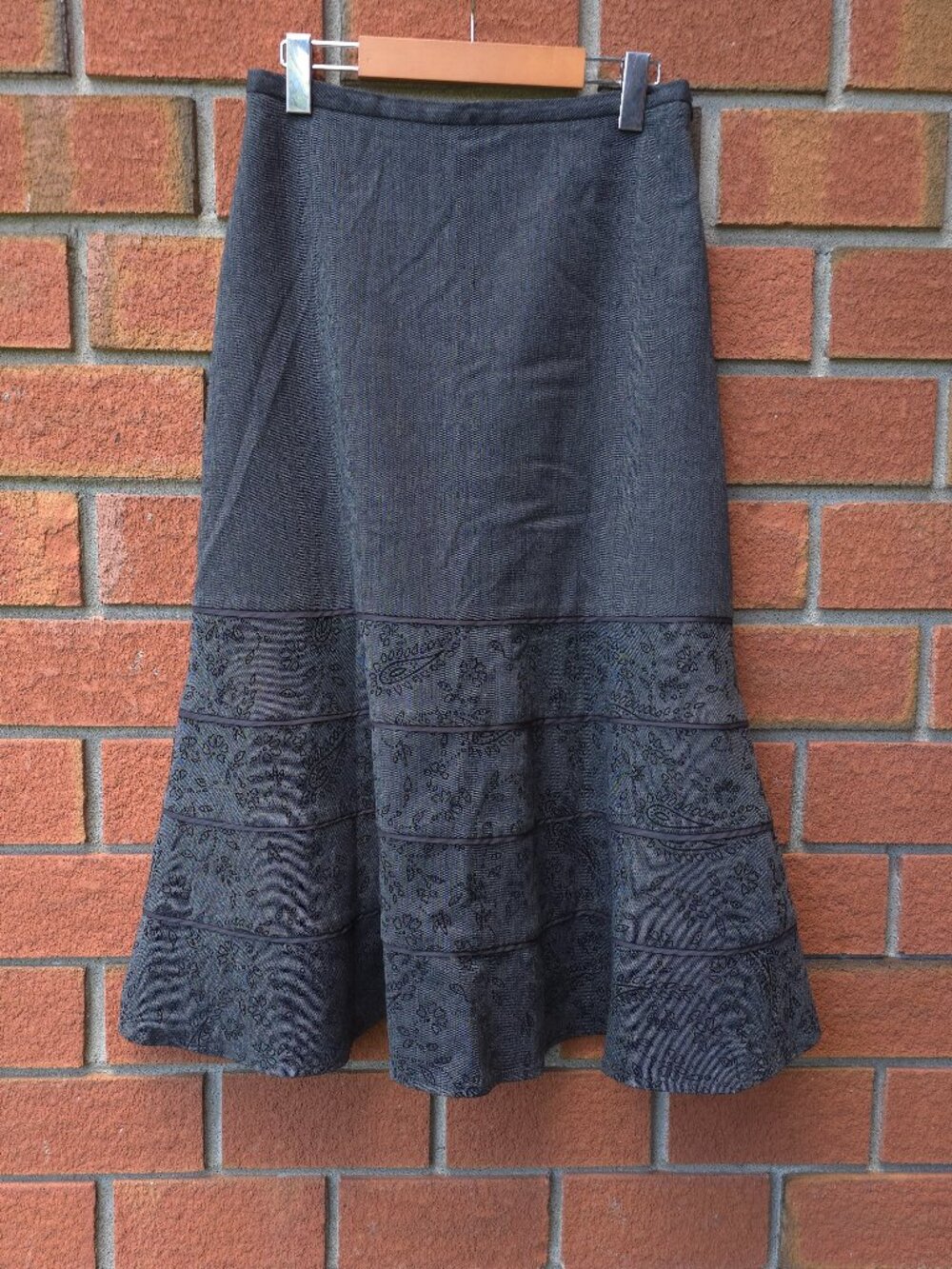 Charcoal Denim Midi Skirt with floral Patterned Panels lined
